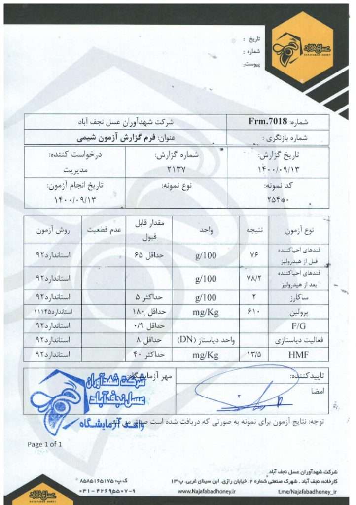 برگه آزمایش عسل کوهستان