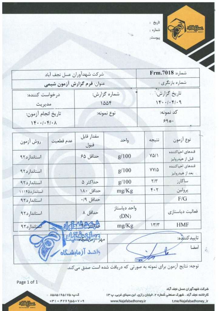 برگه آزمایش عسل زنیان کوهی
